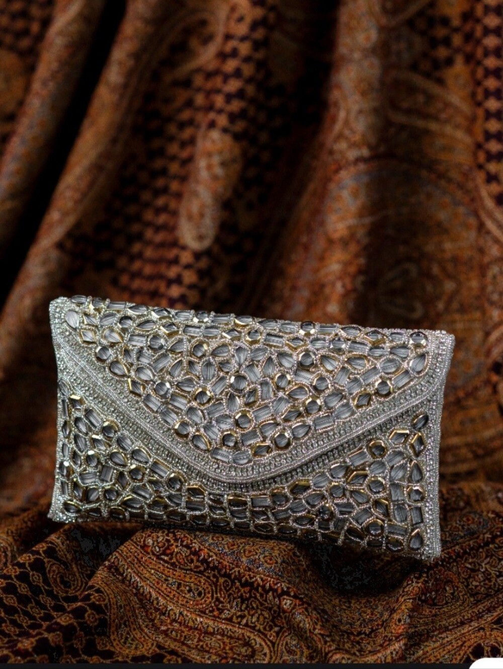 Embellished Silver Beaded Clutch Bag